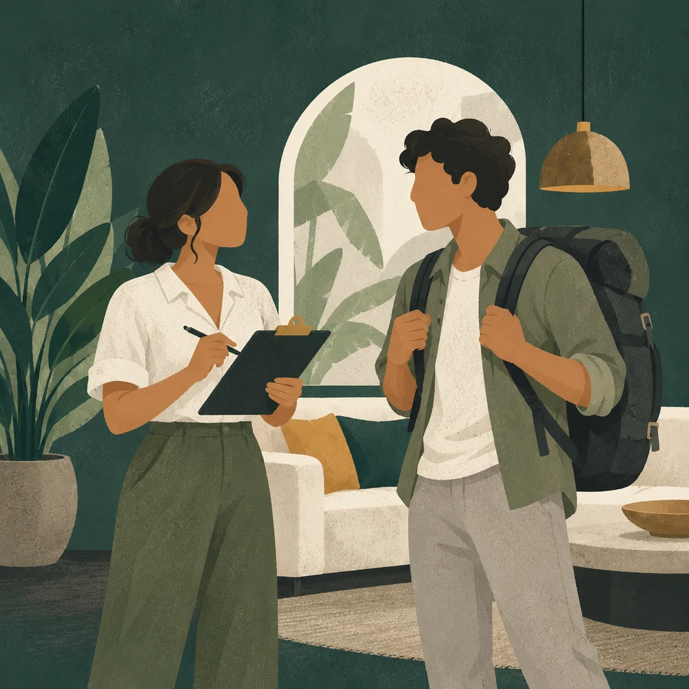 Una anfitriona conversa con un viajero con mochila mientras toma nota de su experiencia.